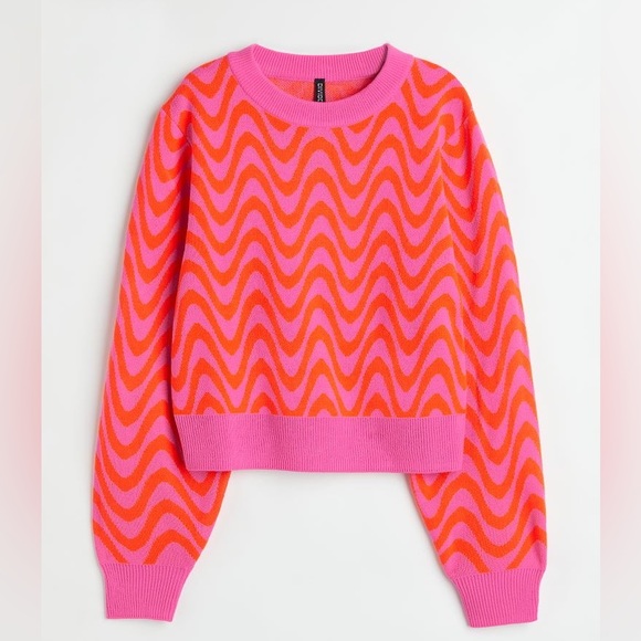 H&M DIVIDED Soft Jacquard Knit Pink & Orange Crewneck Sweater  Small - Picture 1 of 6